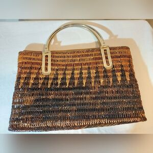 Brown Wicker Woven Tote With Gold Handles